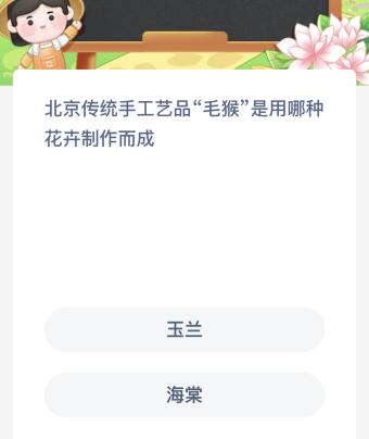 北京传统手工艺品“毛猴”是用哪种花卉制作而成？蚂蚁新村今日答案最新516(图1)