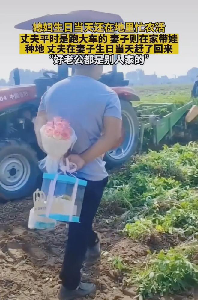 媳妇生日当天还在地里忙农活丈夫从外地回来给他送鲜花和礼物(图2)