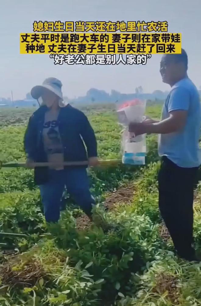 媳妇生日当天还在地里忙农活丈夫从外地回来给他送鲜花和礼物(图3)